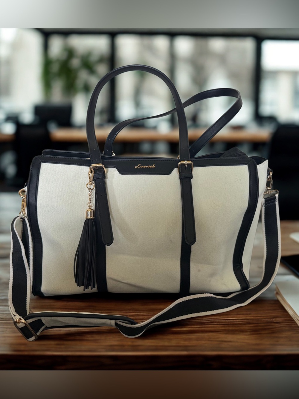 LOVEVOOK Canvas Laptop Tote Teacher Work Bag Black Cream-White
